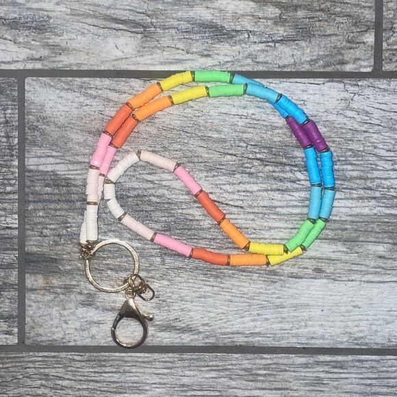 Beaded Rainbow & Gold Lanyard Pride Keychain ROYGBV - Picture 2 of 6